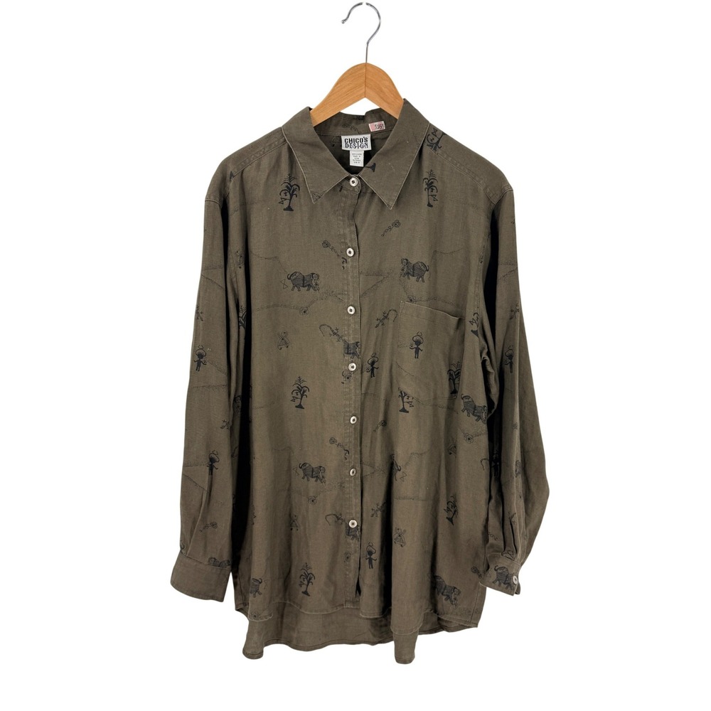 Chico's Design Button Down Shirt Olive Green Size 3 100% Linen Tribal Animal